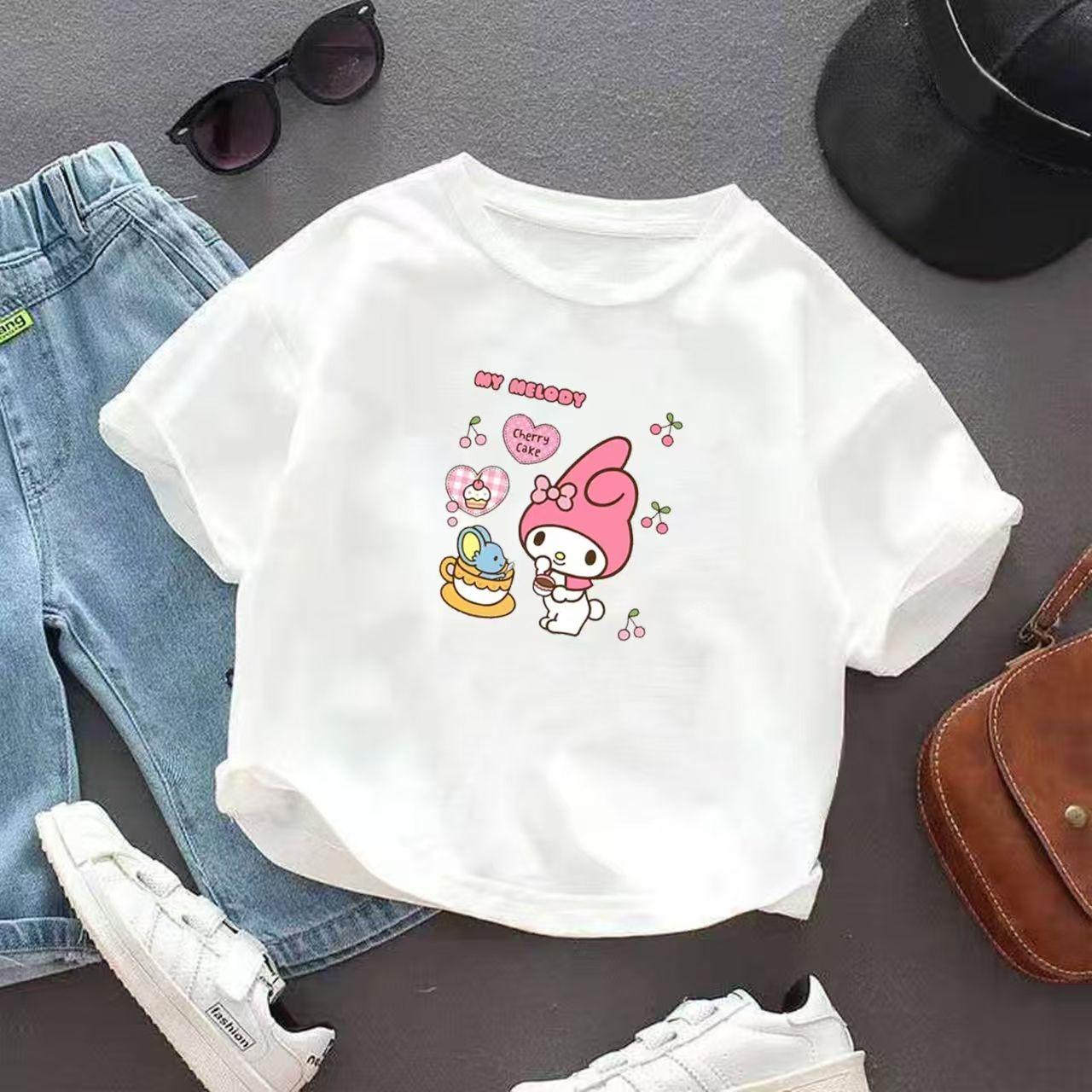 

Sanrios 2026 Summer New Design My Melody Graffiti Cartoon Print Pure Cotton Breathable Childrens ShortSleeved TShirt S
