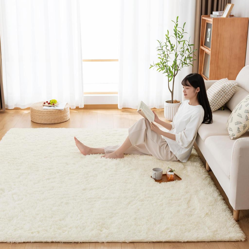 Softime Carpet Shag Odor Dust Mite Soft to the Living Room Compatible with Underfloor Heating and Hot Ivory Rug, Rug, 160x200cm, Washable, Non-Slip,