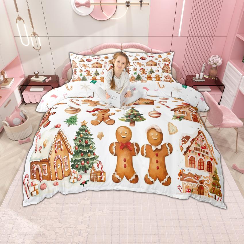Homewish Girls Merry Christmas Duvet Cover Set Lovely Gingerbread Bedding Set Cartoon Xmas Tree Bedroom Set Room Decor