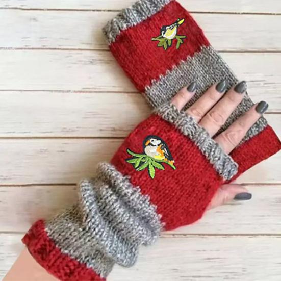 Embroidered Birds Fingerless Gloves Color-Block Knitted Warm Gloves Stretchy Mittens with Thumb