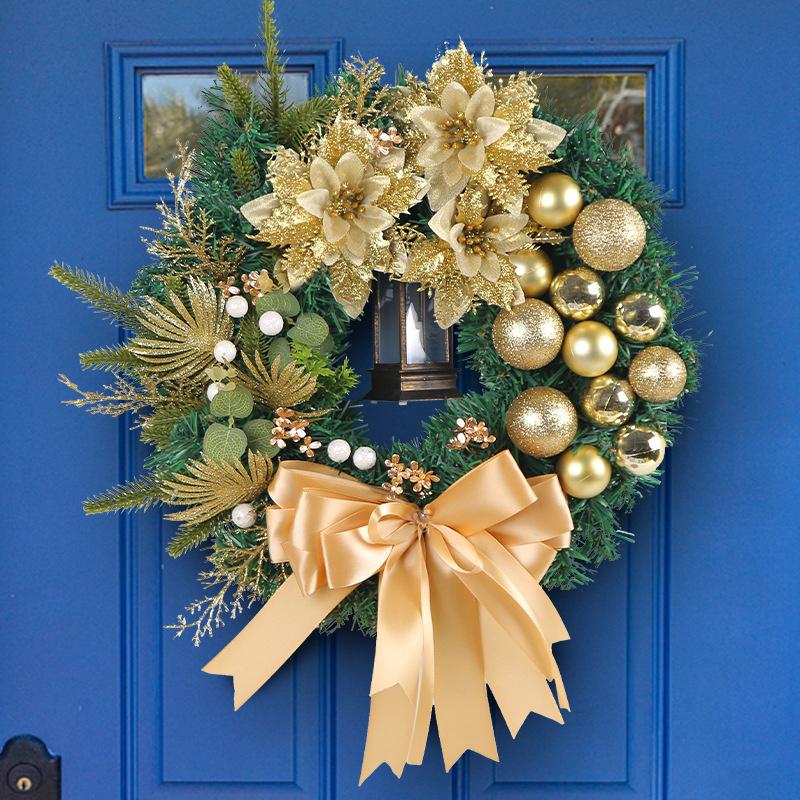 Christmas Wreath Front Door Decoration Golden Christmas Ball Pine Needle Wreath 2024 Christmas Garland Ornament