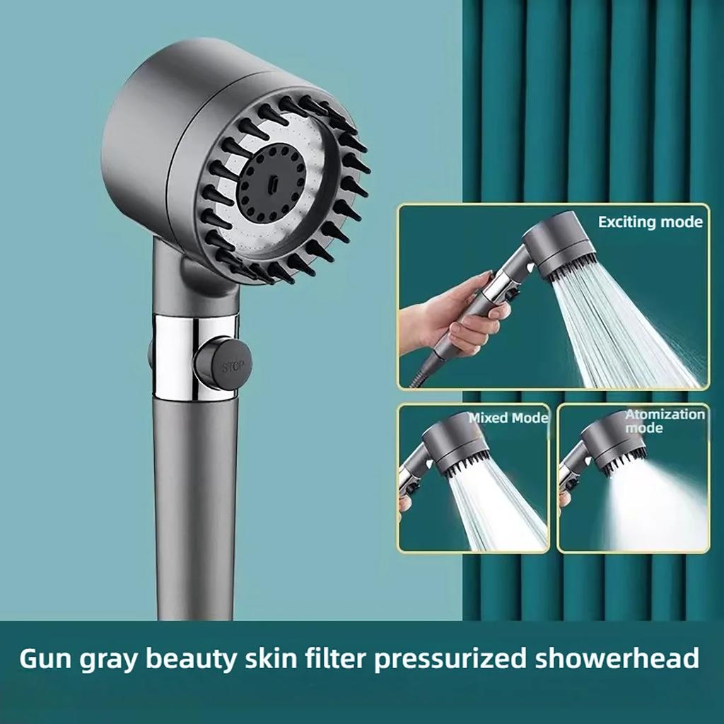 3 Modes Massage Shower Head with Silicone Brush Detachable Spray Gun Mode Handheld High Pressure Bathroom Showerhead with Filter