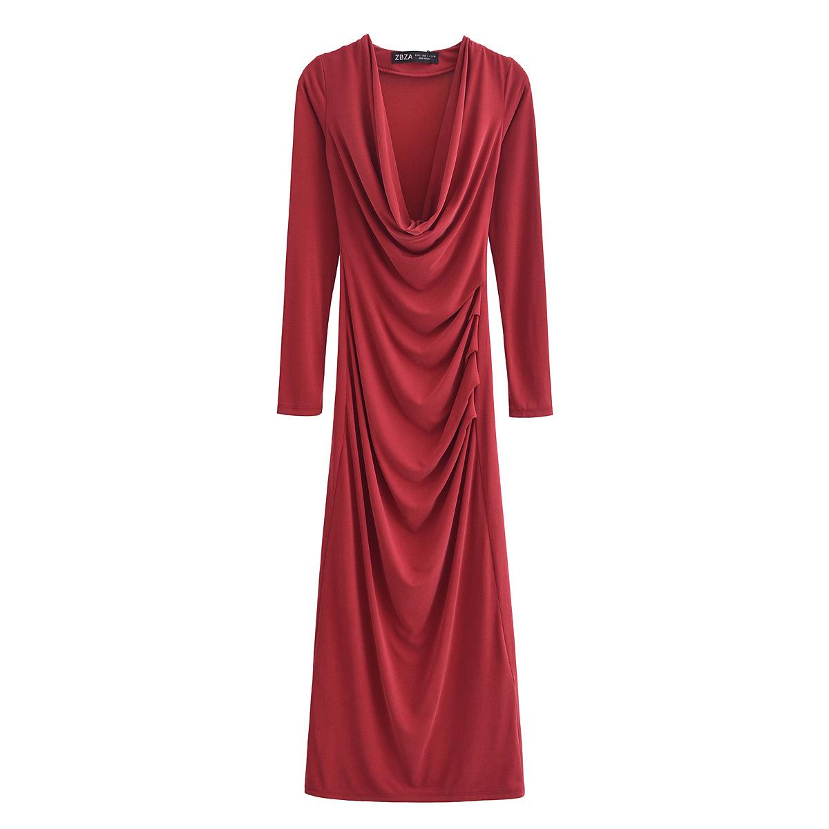 

Весна 2025 Женское платье миди с драпированным воротником и длинным рукавом в европейском и американском стиле Large красный