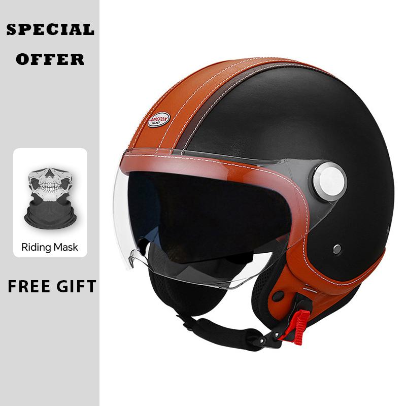 DOT Approved Jet Helmet Double Visor Leather 3/4 Open Face Helmet Safety Motorcycle Helmets Daul Lens Man Women Four Seasons