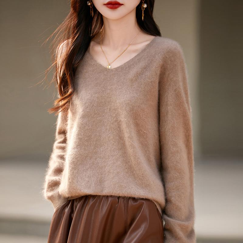 Autumn & Winter 100% Pure Wool V-Neck Loose Women's Knitted Sweater
