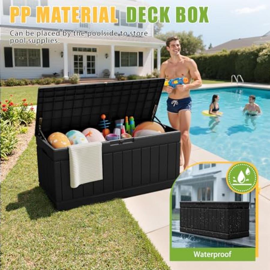 82 Gallon Outdoor Storage Box with Lid for Patio Furniture Garden Tools Pool Supplies Waterproof UV Resistant Lockable Black