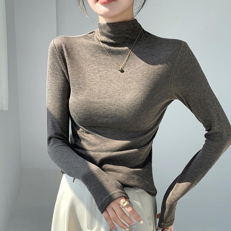 Women's H393 High Neck Warm Slimming Long Sleeve Top - Autumn/Winter Solid Color Versatile Mid-Neck Base Layer Shirt.