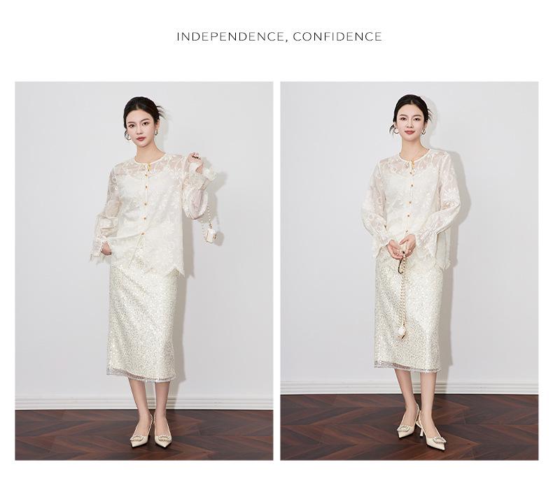 Spring Embroidery Jacquard Trumpet Sleeve Dress - New Chinese Style