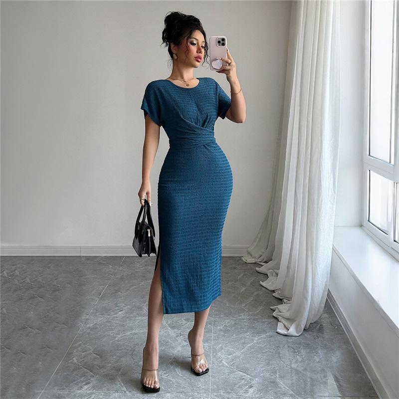 

European And American Ladies Summer Dress Temperament Elegant Style Round Neck Tight-fitting Slim Waist Split Long Skirt L синій