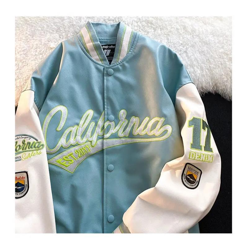 American retro letter embroidery leather jackets coats women's 2024 new street trend all-match baseball uniform couple loose top