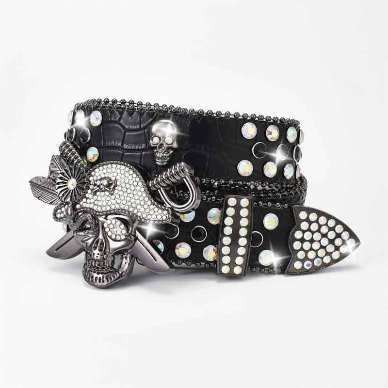 Rhinestones Skull Buckle Belt for Women Men Sequined Hiphop Belt for Pants Jeans Popular Rockers Belt Waist Accessories