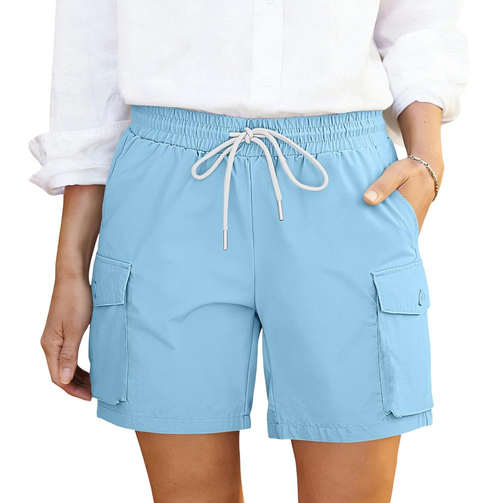Shorts cargo décontractés pour femmes à taille à cordon avec poches Coupe décontractée Ceinture élastique Tissu léger