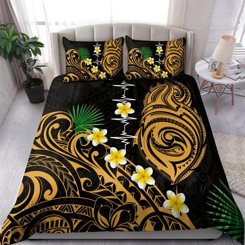 Hibiscus Floral Duvet Cover Tribal Polynesian Turtle Bedding Set Hawaiian Polyester Comforter Cover King Size For Kid Adult Teen
