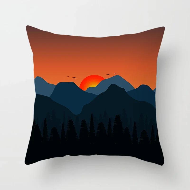 Cartoon Illustration Sunset Landscape Printed Pillowcase Living Room Sofa Bedroom Home Decoration Cushion Cover