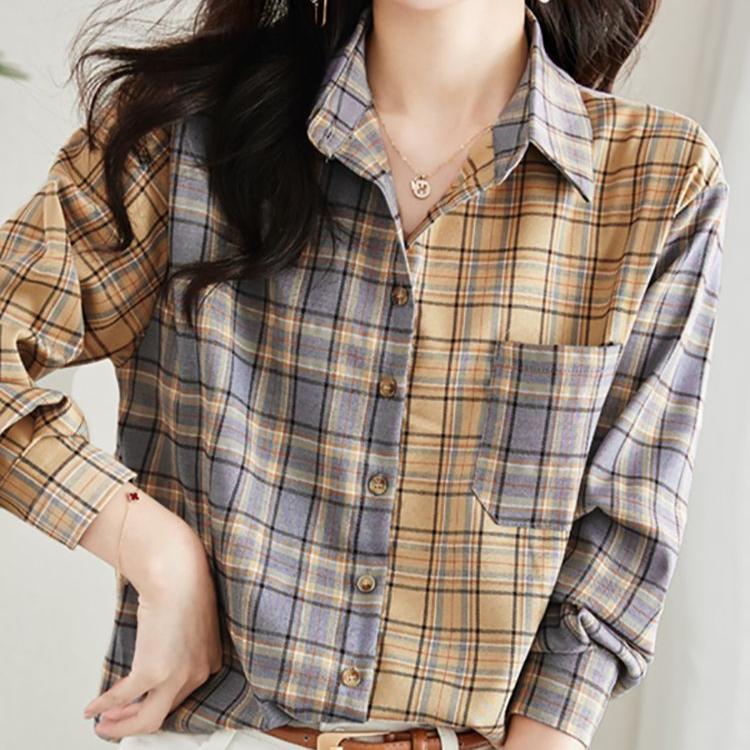 Fashion Printed Spliced Button Pockets Plaid Shirt Female Clothing  Spring and Autumn New Casual Tops Commuter Blouse