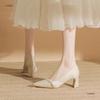 Pearl engagement wedding shoes bride shoes not tired feet thick heel pointed cheongsam dress high heels women light color