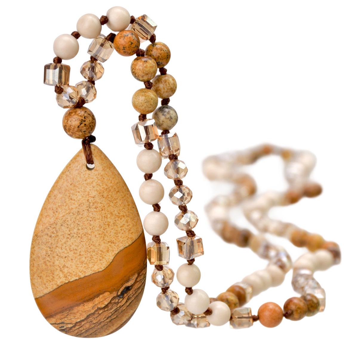 

Bohemian Natural Stone Hand-Knotted Necklace with Picture Stone Water Drop Pendant for Women