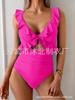 New one-piece swimsuit women's belly V-neck pleated swimsuit, thin hollow flying edge swimsuit
