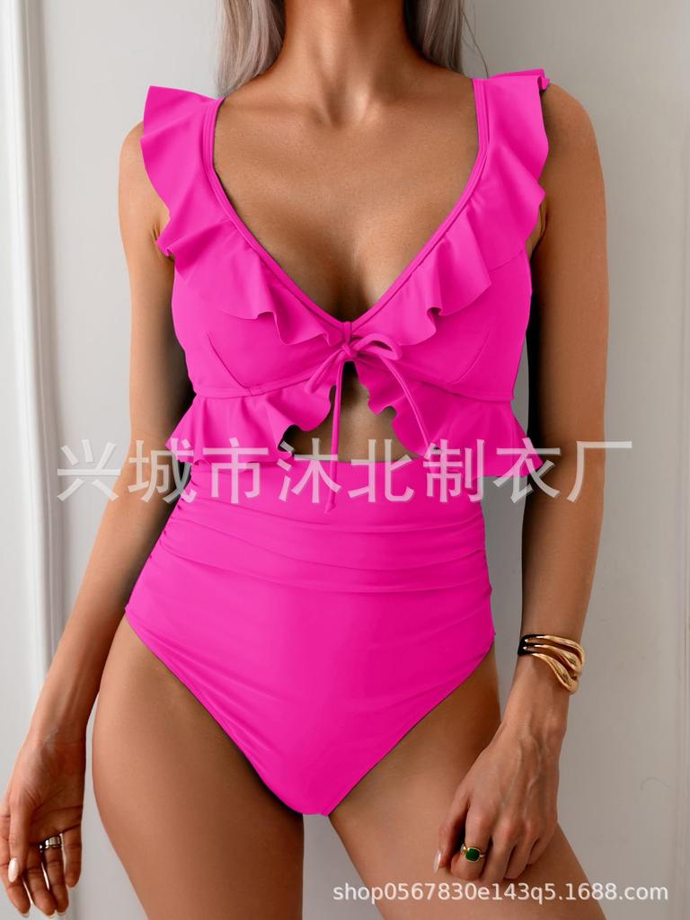 New one-piece swimsuit women's belly V-neck pleated swimsuit, thin hollow flying edge swimsuit