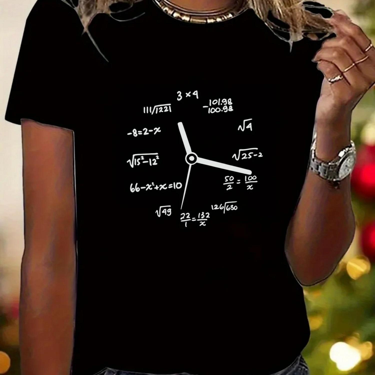 

s Science-Themed Graphic T-Shirt Black with White Math Equations Clock Design High Elasticity Round Neck Casual S чёрный