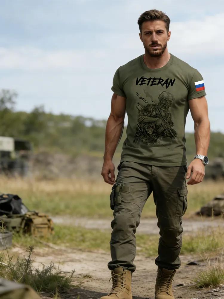 Men's Olive Green Veteran T-Shirt with Russian Flag, Tactical Soldier Print, Patriotic Military Crew Neck Short Sleeve for Men