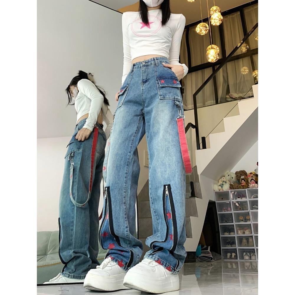 Straight Retro Zipper Star Work Jeans for Men and Women High Street Wide Leg Pants