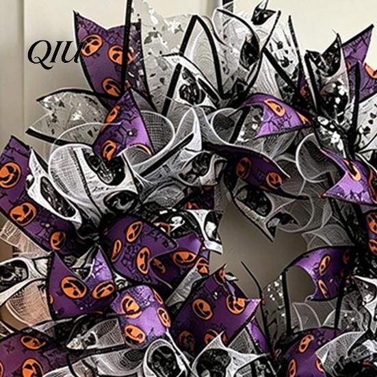 Door Decoration Halloween Mesh Ribbon Wreath for Front Door, Spooky Skull Pumpkin with Decor Bow, Purple Black Stripe Decorative Garland Doors