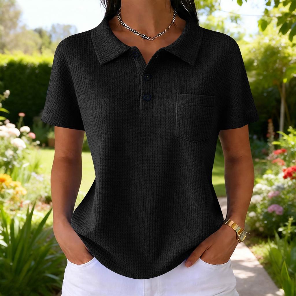 Women's Fashion Color T-Shirt — Vintage V-Neck, Button-Front, -Knit — Casual Short-Sleeve Top for Daily Commuting (Spring/Summer)