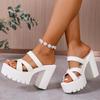 Fashion Street Cross Strap Pu Leather Slippers Women Fashion Slip On Thick Sole Sandals Woman Summer New Open Toe Wedding Slides Female
