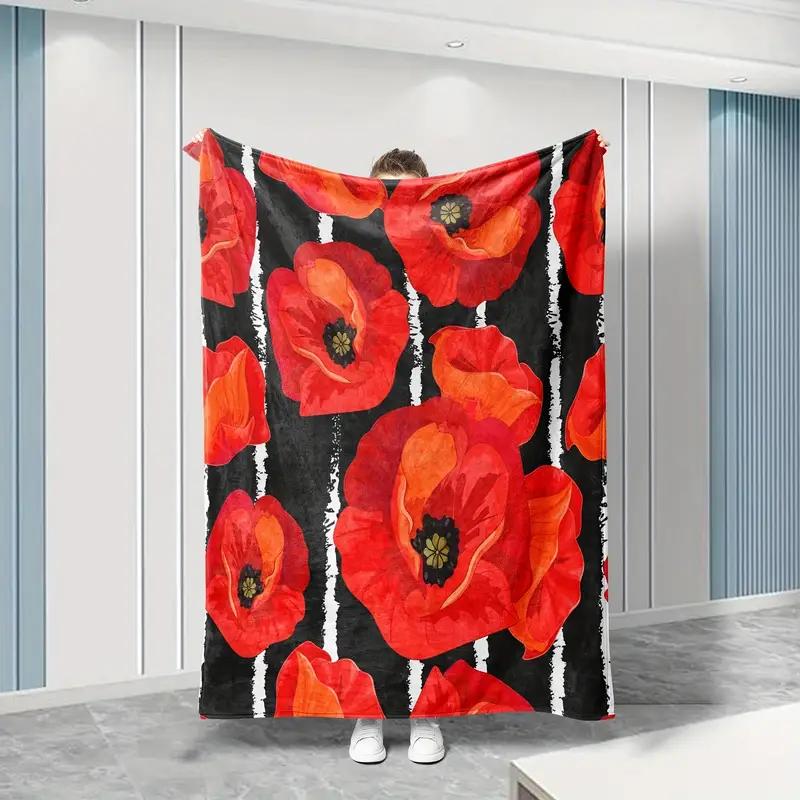 Red Poppy Flower Print Flannel Blanket - for Sofa, Travel, Bed, Camping, Office, Decoration, Comfort and Warmth - Christmas