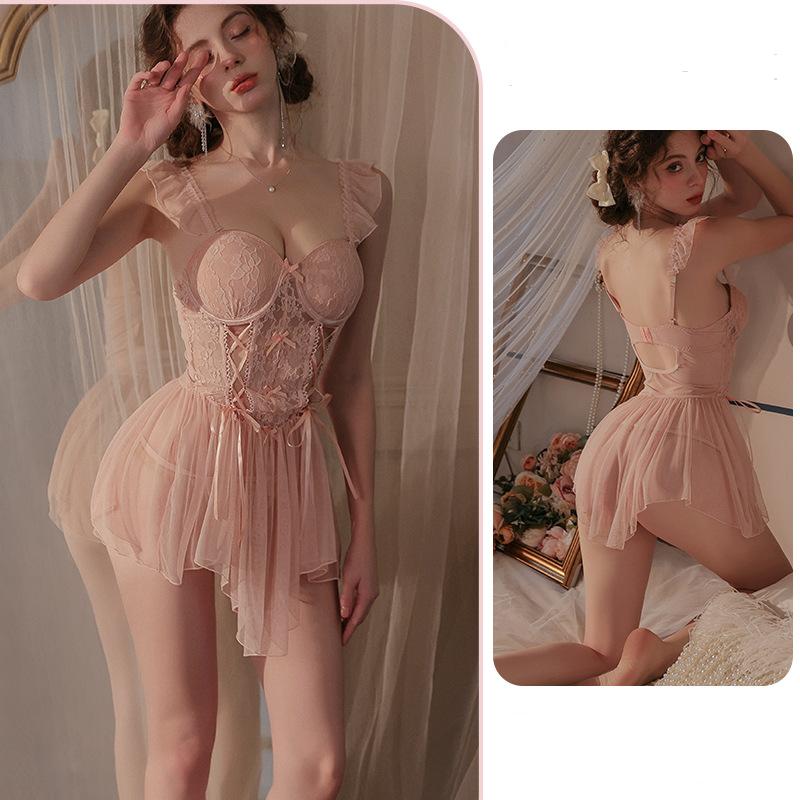New Women's Sexy Lace Nightgown Erotic Gathering Pajamas Pure Desire Erotic Lingerie Lace-Up Fishbone Corset Nightgown Panty Set