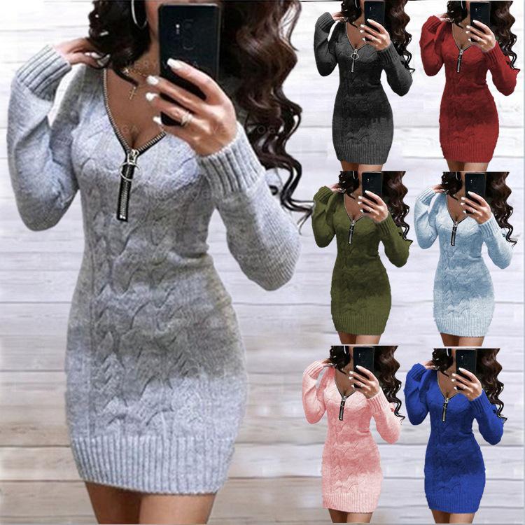 New Women's V-neck Zipper Knit Cardigan Sweater Dress