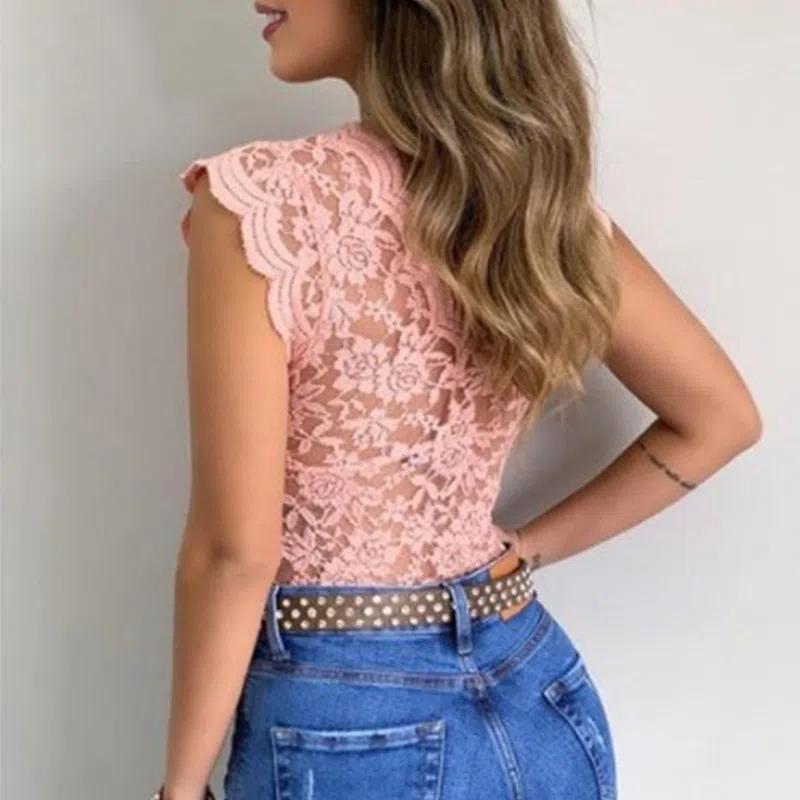 Elegant Women'S Red Lace V-Neck Short Sleeve Top  Floral Print Stretchy & Form-Fitting Fashion Top Lace Detailin