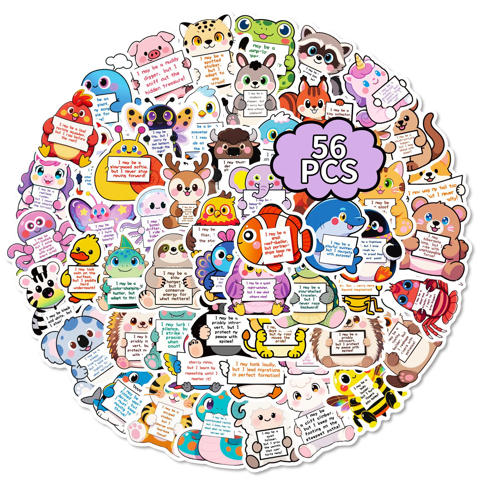 56 Small Animals With Text Cards, Graffiti Stickers, Cute Cartoon Creative Decorative Sticker Batches