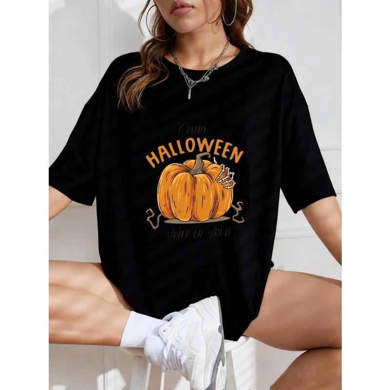 Halloween T-Shirt mit Kürbis- und Süßes oder Saures-Aufdruck für Damen Freizeitkleidung Partykostüm Saisonales Mode-Top