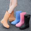 2025 new Korean version outdoor women's medium tube water shoes four seasons PVC plastic rain shoes integrated waterproof rain boots