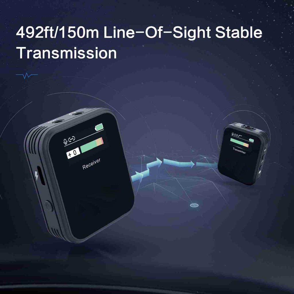 Wireless Lavalier Microphone 2.4G Noise Reduction TFT Screen 1 Channel Lapel Mic System for Vlogging Streaming Black