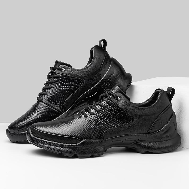 Men's 8CM Height Increase Casual Breathable Non-slip Leather Running Shoes, Thick Sole, Solid Color.