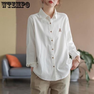 Artistic Versatile Embroidery Retro Women's Shirt Cotton Loose Casual Spring Top Long Sleeved Shirt