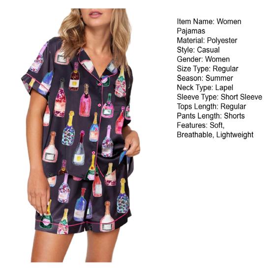 2Pcs/Set Pajamas Set Women Loungewear Sleepwear Button Closure Lapel Short Sleeve Casual Print Pajamas
