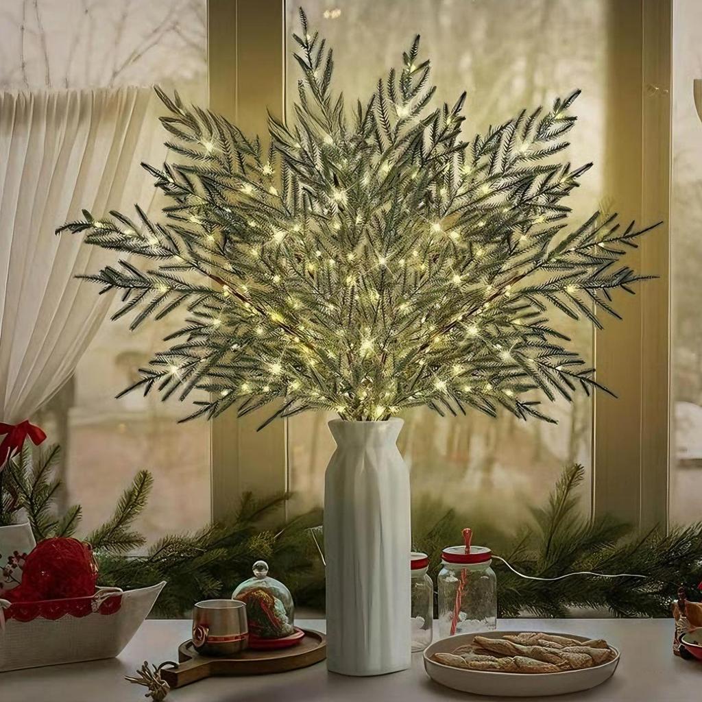 4 Pieces Realistic Christmas Pine Stems With Lights Christmas Picks Artificial Pine Branches For Garland Wreath Mantel Vase