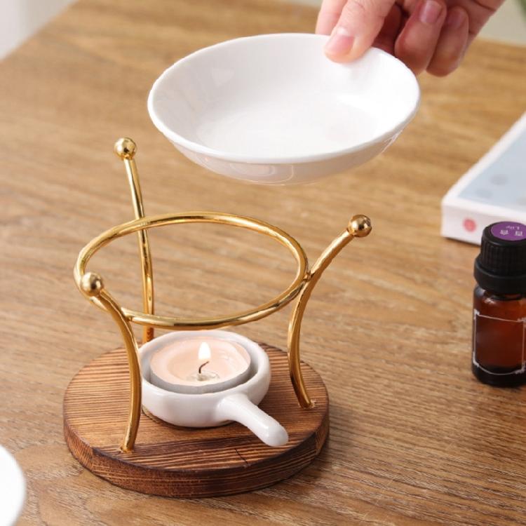 Difusor de Aceites Esenciales Cerámica Cuenco Quemadores de Cera de Aceite Calentador Portavelas de Té con Base de Madera para Decoración del Hogar