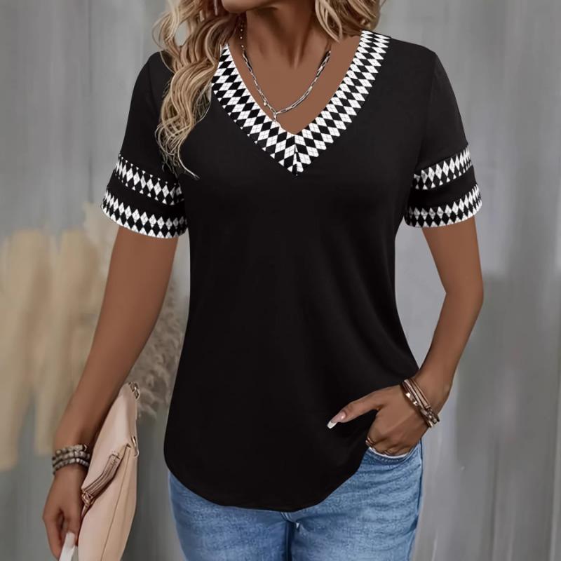 New Popular Women's V-neck Contrasting Color Splicing Short-sleeved Women's Fashion T-shirt