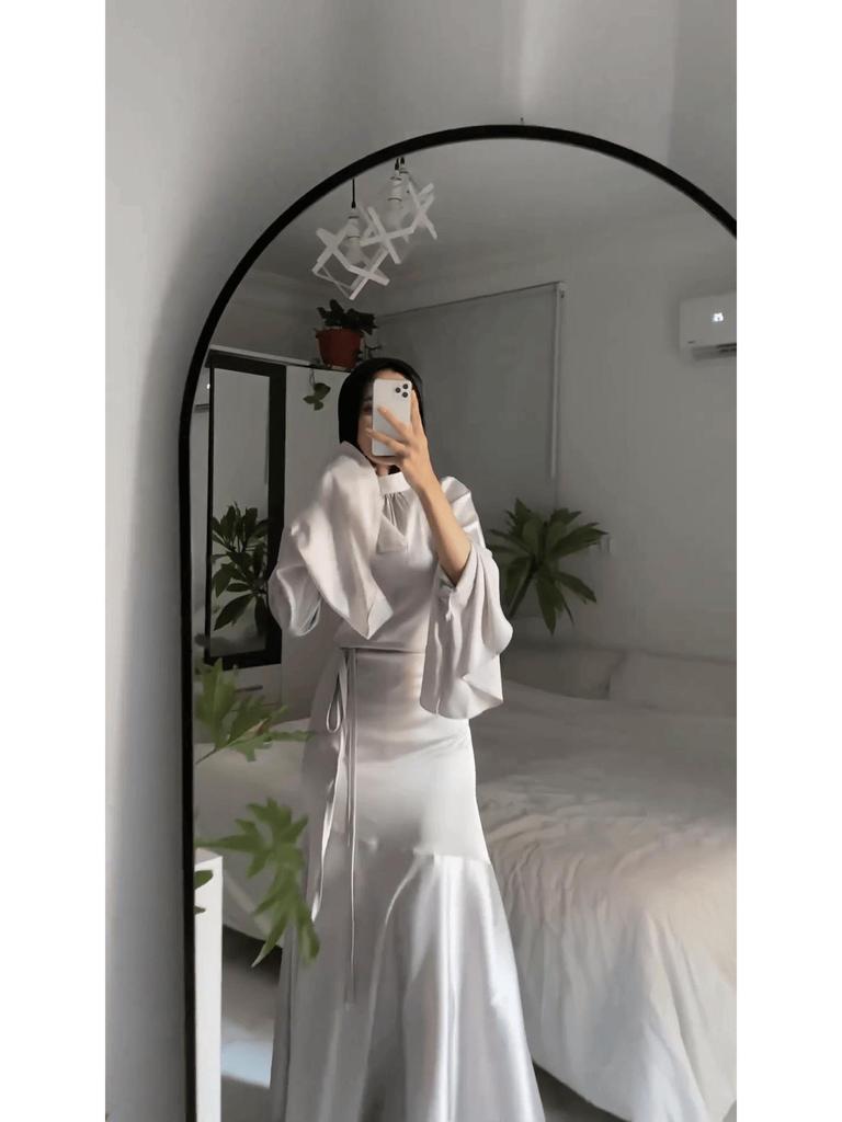 Spring 2024 Fashion: Women's Trumpet Sleeve Lace-Up Slim Dress Long Skirt