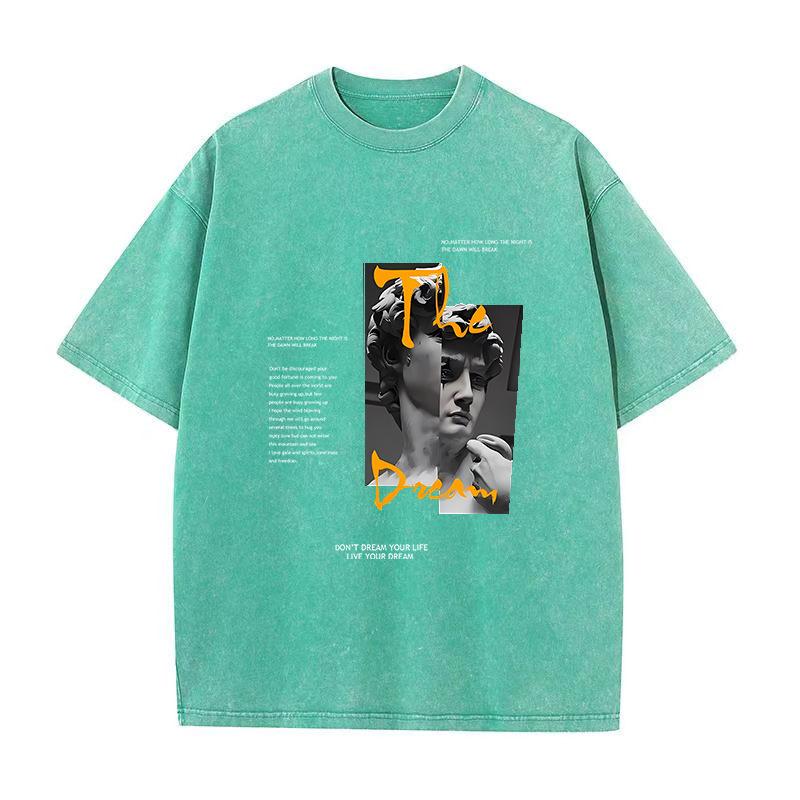 Plus Size Summer Men's and Women's 230g Cotton Sculpture Printed Vintage Washed and Aged Round Neck Short Sleeve Hip Hop T-Shirt