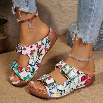 Damen Hausschuhe Keilabsatz Outdoor Mode Strandschuhe 2025 Sommer Schnalle Bequem Rutschfest Blume Trendige Hausschuhe Chanclas Mujer
