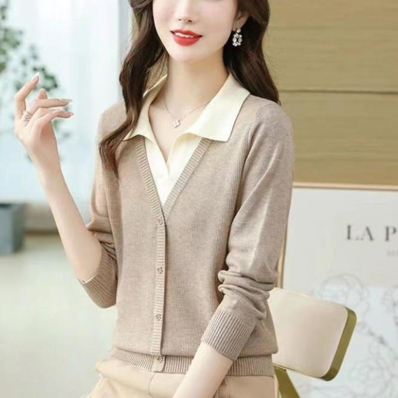 Fashion Color Block Fake Two Pieces Sweater Women Autumn and Winter Polo Collar Casual Thin Office High Quality All-match Top