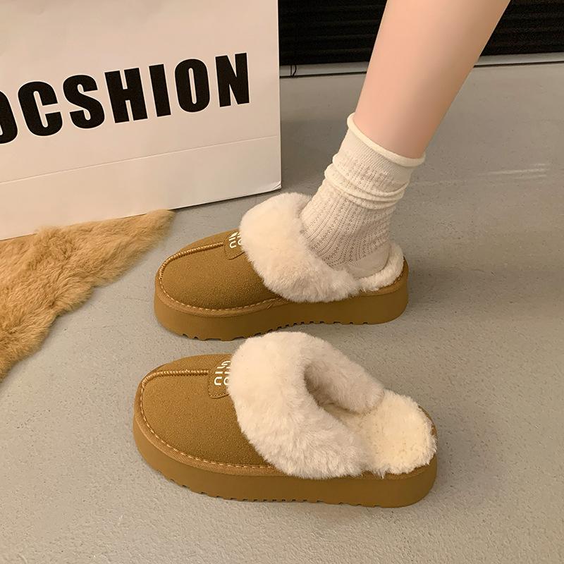 Women's soft bottom large size thickened winter warm fur one padded lining ankle boots non-slip Baotou cotton fur slippers