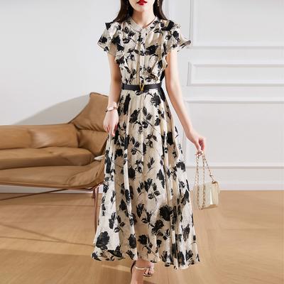 Printed Lotus Leaf Edge Dress Women's Summer New Fashion Temperament Elegant Waist and Thin Skirt