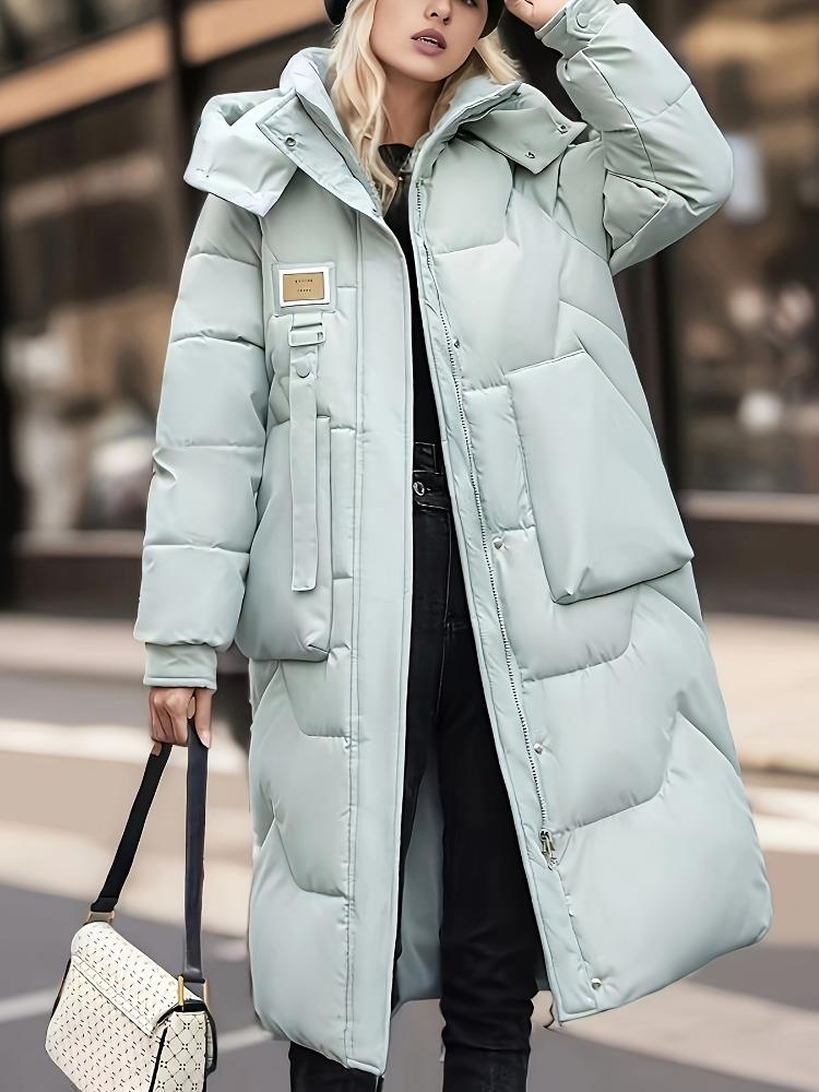 Solid Color Zip-Up Hooded Coat, Versatile Warm Quilted Detail Long Sleeve Mid-length Coat for Winter, Women's Clothing